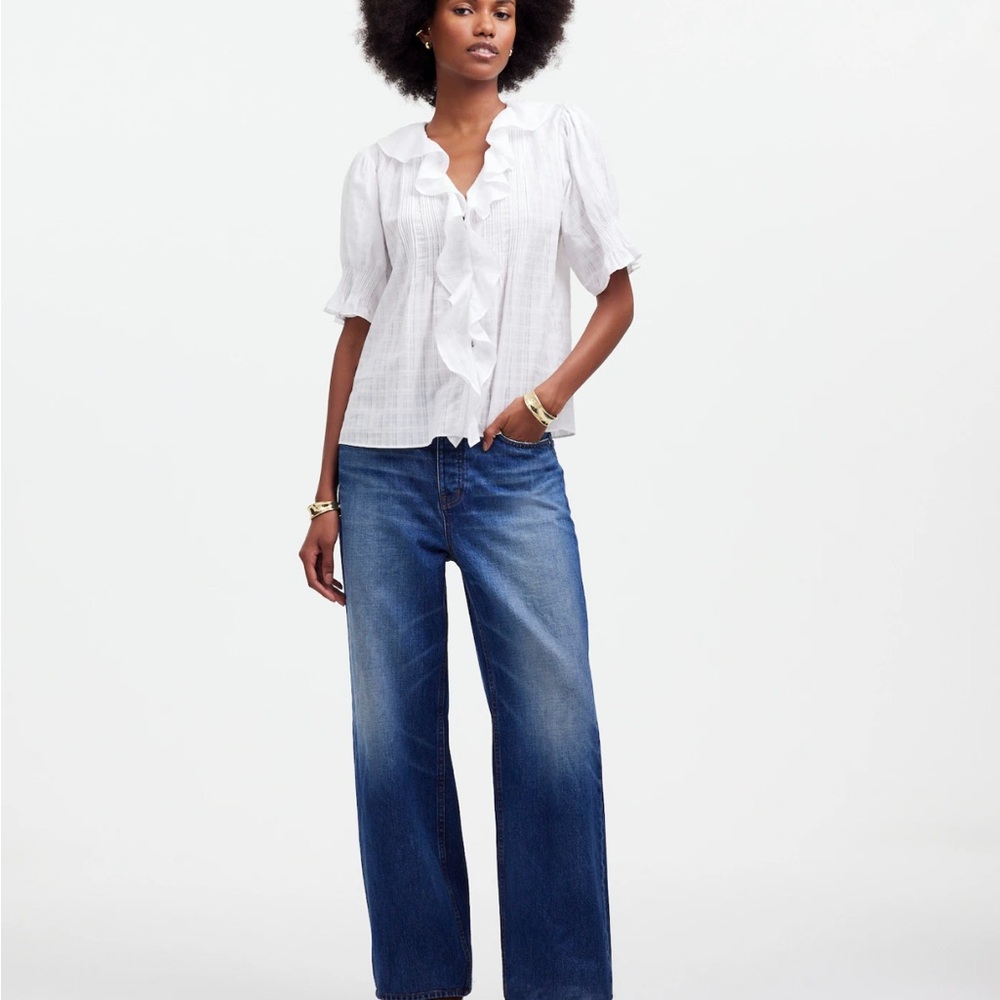 Madewell Ruffle Puff-Sleeve Peplum Top in Windowpane NWT